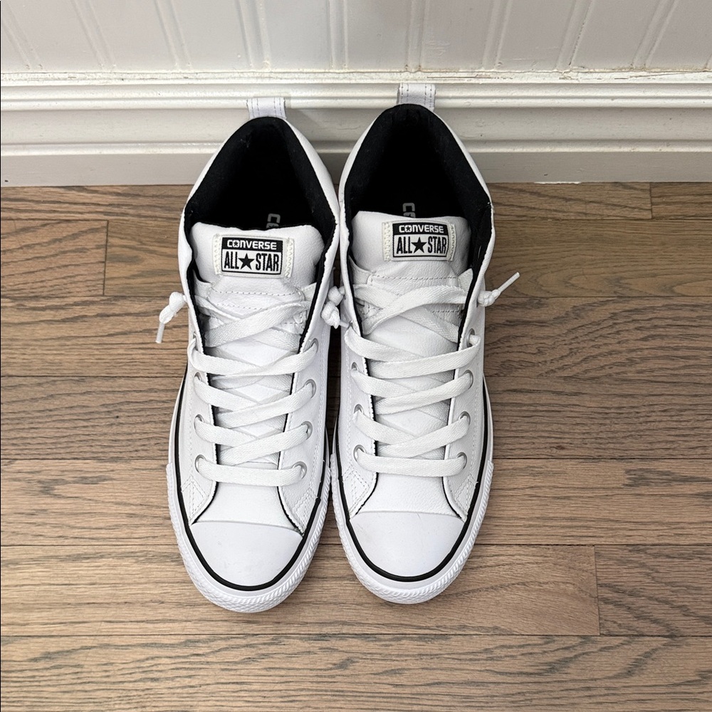 Converse All Star White Leather Sneakers with Black Trim. NWOT.